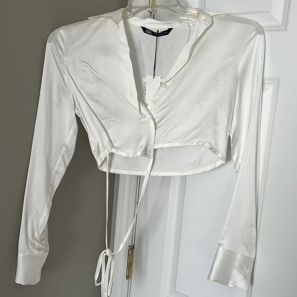 ZARA cropped ivory silk blouse